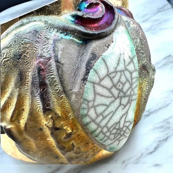 Vintage Raku Ceramic 80s Wide Cuff Bracelet Brutalist Gold Tone Metallic Glazed - Picture 4 of 6